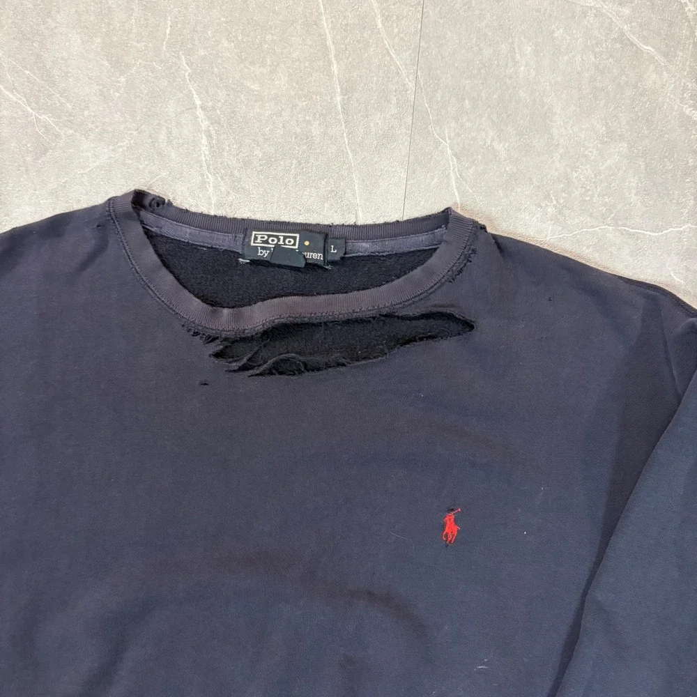 Polo Ralph Lauren Mens Distressed Crewneck Sweatshirt Navy Blue Large Thrashed